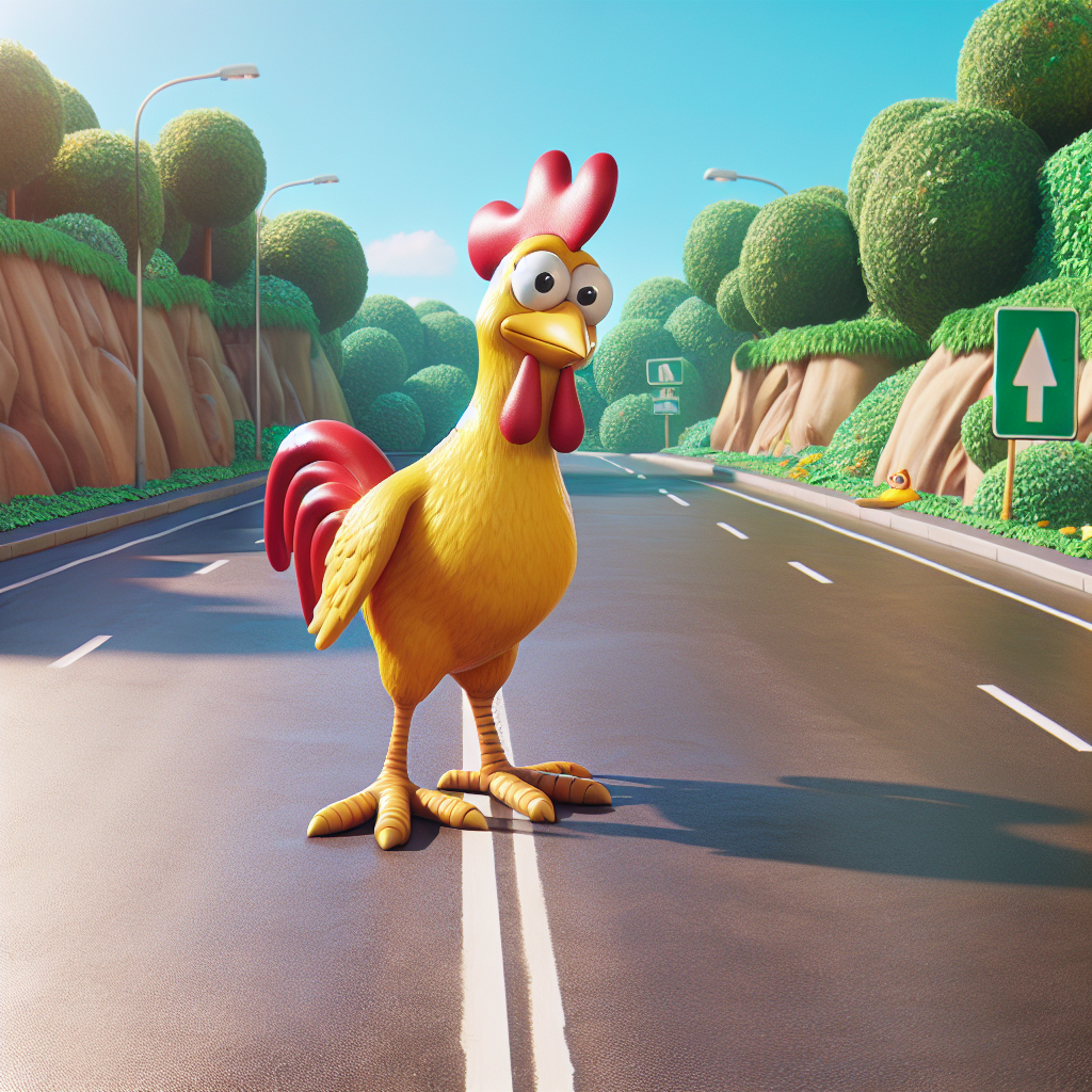 A cartoon chicken standing at the edge of a road, looking left and right before crossing.