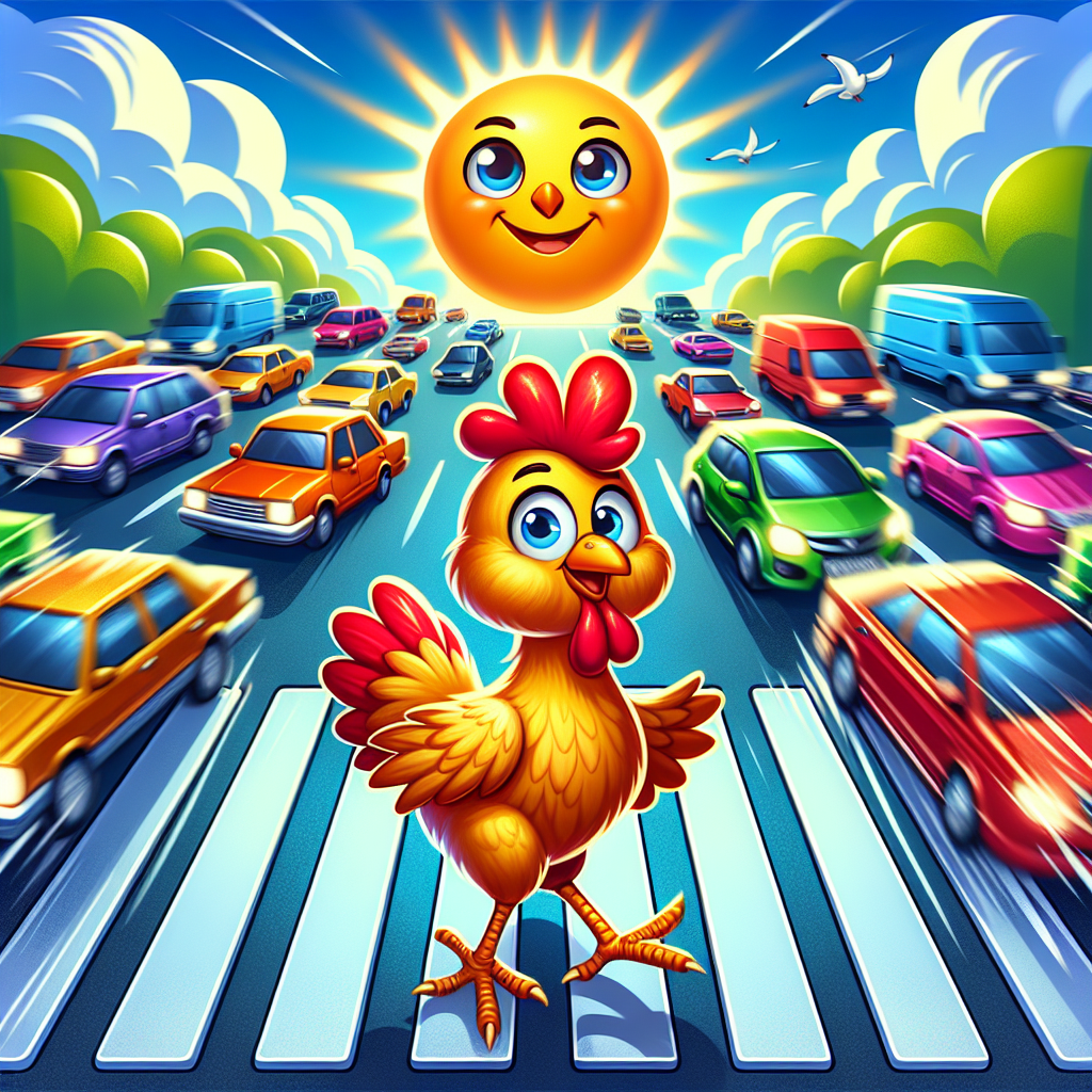 A cartoon chicken crossing a road